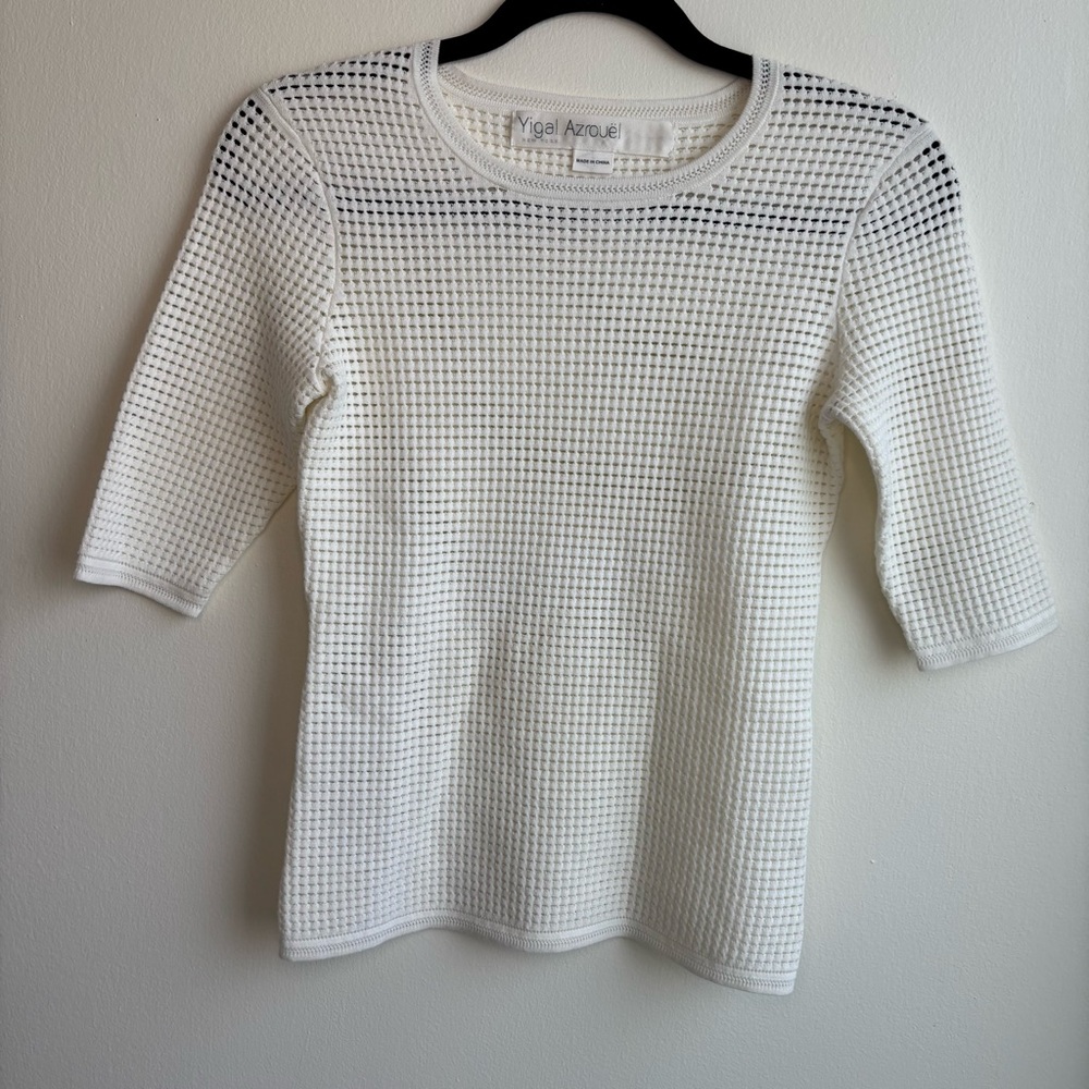 Designer Yigal Azrouël White Open Knit Mesh Sweater Top Above Elbow Sleeve